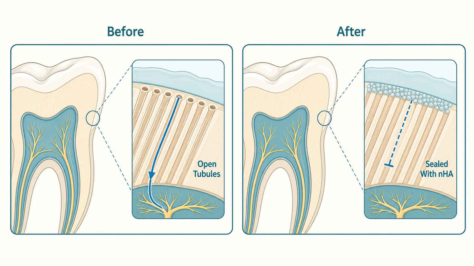 Before-and-after diagram of dentinal tubules, open and transmitting pain versus sealed with nano-hydroxyapatite.