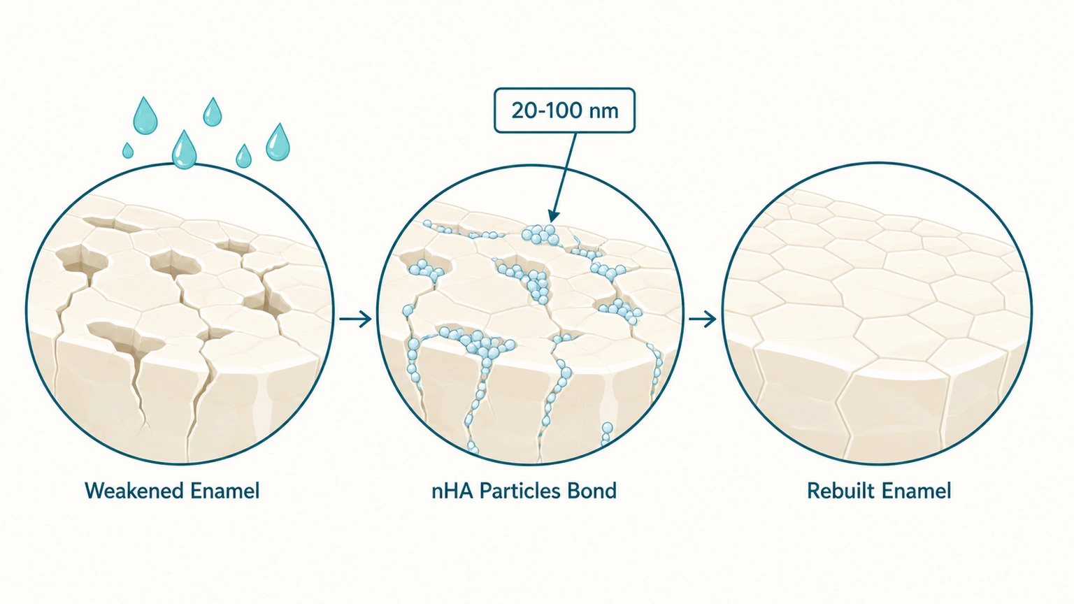 Cross-section diagram showing nano-hydroxyapatite particles filling micro-cracks and rebuilding weakened tooth enamel.