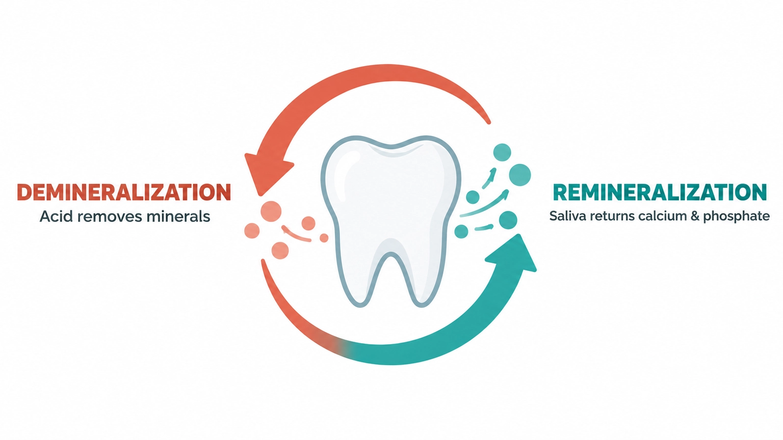 Tooth remineralization cycle: acid removes minerals, saliva returns calcium and phosphate