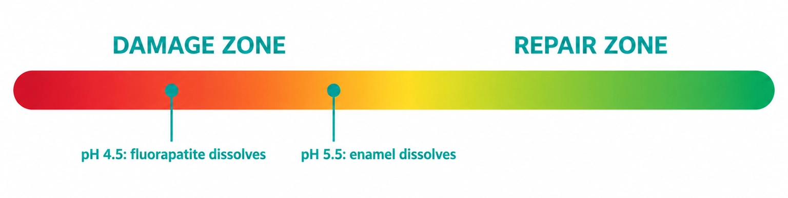pH scale for tooth remineralization showing enamel dissolves below 5.5 in the damage zone