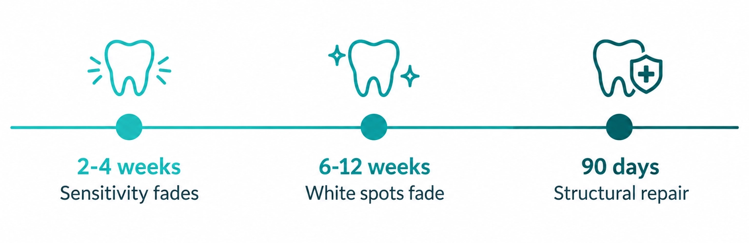 Tooth remineralization timeline: sensitivity fades in 2-4 weeks, white spots by 6-12 weeks, repair by 90 days